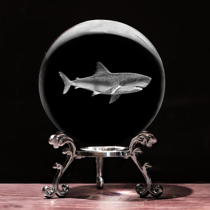 PYJ3DLAMP 3D Shark Crystal Ball with Stand Lase Engraved Glass Sphere Paperweight Shark Decor Gift - Image 1